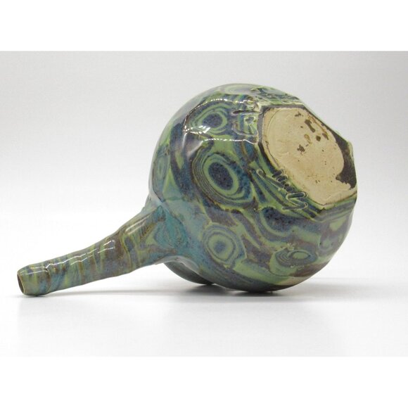 Handmade Ceramic Teapot Artisan Handle & Abstract Green Blue Swirl Glaze Signed - Picture 12 of 16